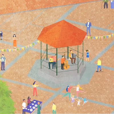 tekening van mark met muziektent en diverse personen