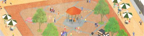 tekening van mark met muziektent en diverse personen